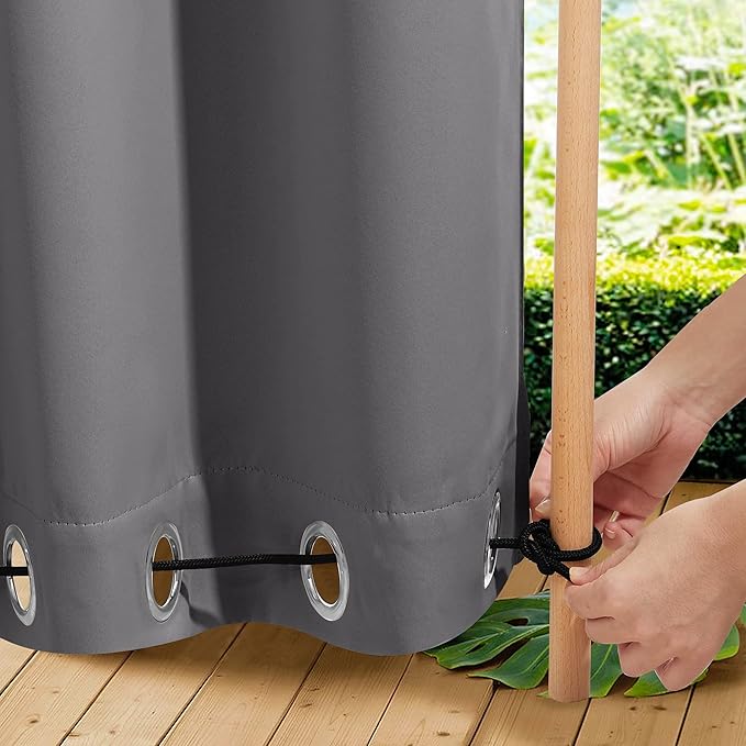 NICETOWN 2 Panels Outdoor Curtains for Patio Waterproof, W100 x L95 Windproof Extra Wide Grommet & Back Tab on Top & Bottom Thermal Insulated Sun Blocking Drapes with Rope for Gazebo, Grey