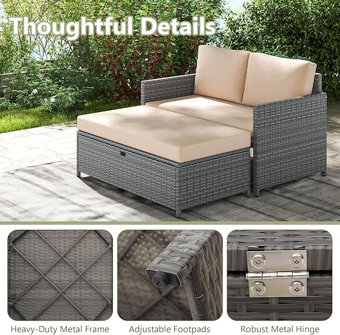 Tangkula Outdoor Rattan Daybed, Wicker Loveseat & 31 Gallon Storage Ottoman w/Soft Cushions, Space-Saving 2-Person Sun Lounger Daybed for Backyard, Porch (Beige)