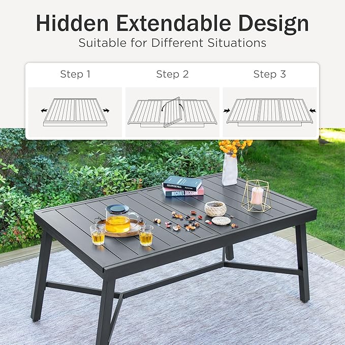 PHI VILLA 9 Pieces Outdoor Dining Set for 8, 84" Long Expandable Wrought Iron Table & Stackable Metal Chairs, Large Furniture Set for Patio, Deck, Yard, Porch - Black
