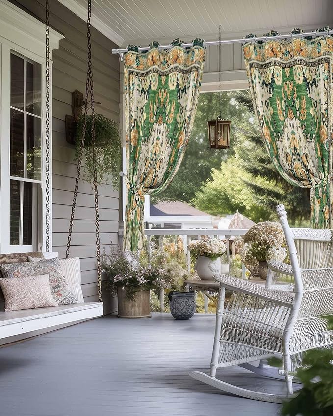 Ombre Green Boho Outdoor Curtains for Patio Waterproof, Grommet Privacy Curtain Drapes Weatherproof Outside Curtains for Porch GazeboPergola Cabana 2 Panel 54x84inch Vintage Ethnic Tribal Geometric