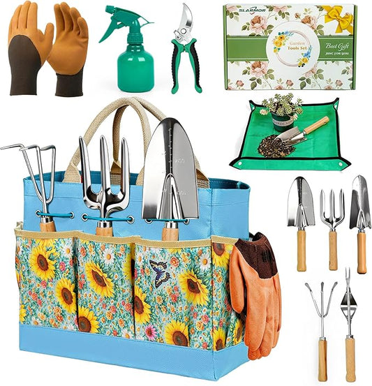 Garden Tool Set, 10 PCS Gardening Essentials, Stainless Steel Garden Hand Tools with Tote Bag, Well-Designed Gardening Supplies Kit Gifts for Women Men Gardeners