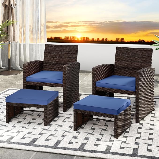 Tangkula 2 Pieces Patio PE Rattan Ottomans, Multipurpose Outdoor Footstool Footrest Additional Seating Side Table with Soft Zippered Cushions for Deck, Garden, Poolside and Yard (Navy Blue)