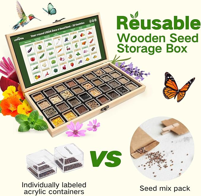 Lush&Dew Year-Round USDA Zone 6 Heirloom Survival Seed Kit, 32 Varieties 30,000+ Non-GMO Seeds for Planting Vegetables Herbs, Gardening Gifts for Women Men, Raised Beds, Indoor Outdoor Home Gardens