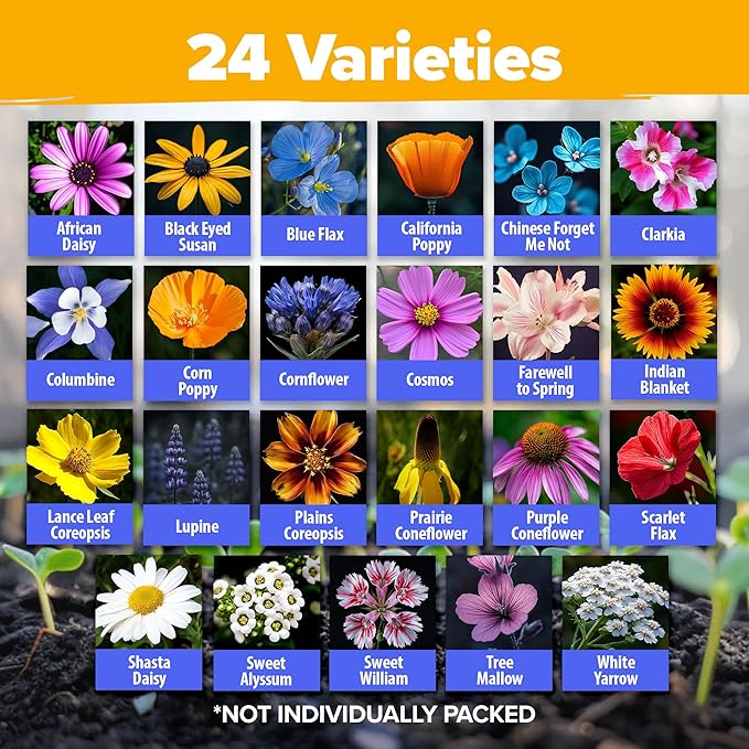 Home Grown Premium Wildflower Seeds Bulk - 60,600+ Perennial Flower Seeds Mix for Planting Outdoors - 24 Variety Wildflower Seed Mix - Attracts Bees, Butterflies & Birds - 2oz Wild Flower Seeds