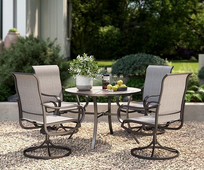 PHI VILLA 5 Piece Outdoor Patio Dining Set with 4 Swivel Dining Chairs & 1 Large Round Dining Table, Gray Textilene Mesh Fabric Chair and Round Metal Table for All Weather Deck Lawn Garden