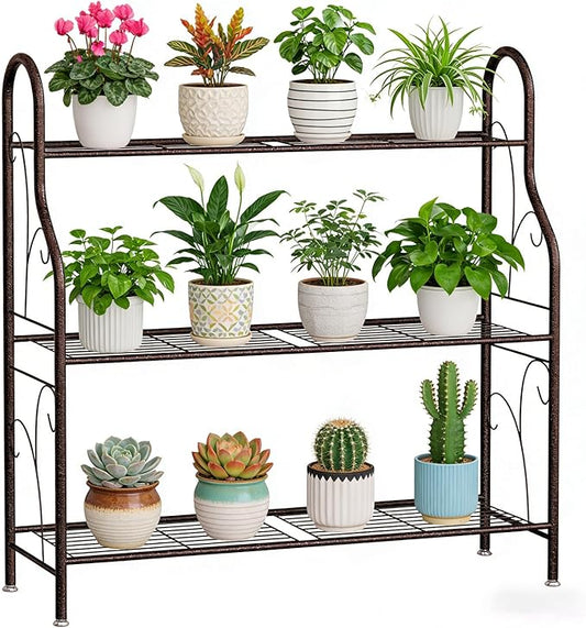 SORCEDAS Plant Stand Indoor Outdoor Plant Shelf 3 Tier Metal Corner Flower Stand Multiple Holder for Patio Garden Balcony Living Room, Bronze