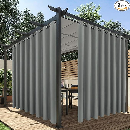 HolidayIdeas Extra Wide Outdoor Curtains for Patio Waterproof, 2 Panels - 110 x 84 Inch - Privacy & Light Filtering Curtains Grommet Outside Curtains for Porch, Gazebo, Pergola, Backyard (Grey)