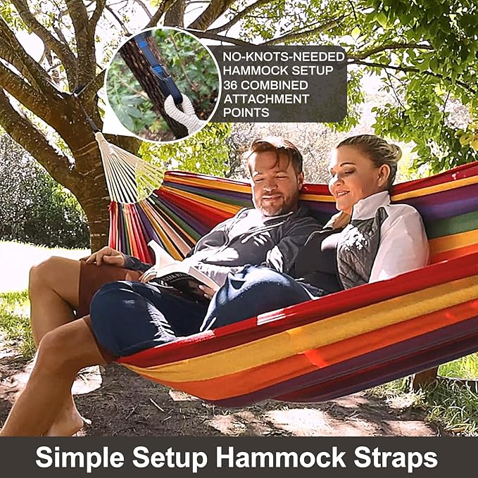 Brazilian Double Hammock with Tree Straps,Extra Large 94x63IN,2 Persons Hammock for Backyard Patio Outdoor and Indoor,450lbs Weight Capacity,Soft Woven Cotton Fabric - Blue Stripe