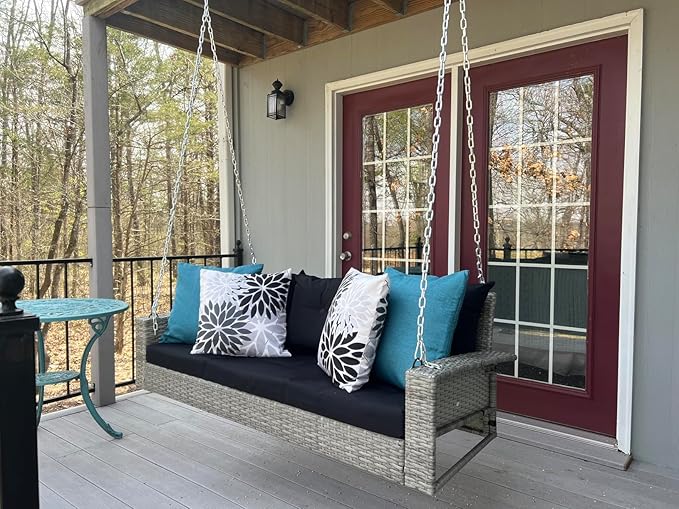 YITAHOME 3-Seats Wicker Hanging Porch Swing Chair Outdoor Gray Rattan Patio Swing Lounge 3 Back Cushions Capacity for Garden, Balcony, Gray Rattan Black Cushion