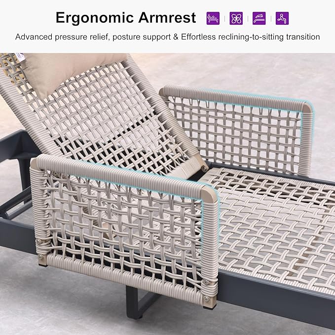 PURPLE LEAF 2 Pieces Outdoor Chaise Lounge Set Rattan Wicker Lounger with Arms Poolside Furniture Adjustable Recliners Patio Lounge Chairs for Beach Yard Garden Balcony, Dark Grey