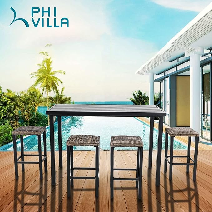 PHI VILLA Outdoor Bar Stools Set of 4, 26” Wicker Seat Counter Height Backless Barstools, Metal Frame Bar Chairs for Patio Kitchen & Dining