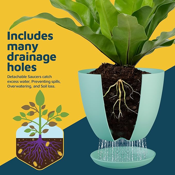Lifemaster Planter Pots with Drainage Holes - Lightweight, Durable, and Space-Saving Pots for Indoor and Outdoor - Versatile Functionality, Simple Modern Design, Set of 5 Plastic Planter Pots - Aqua