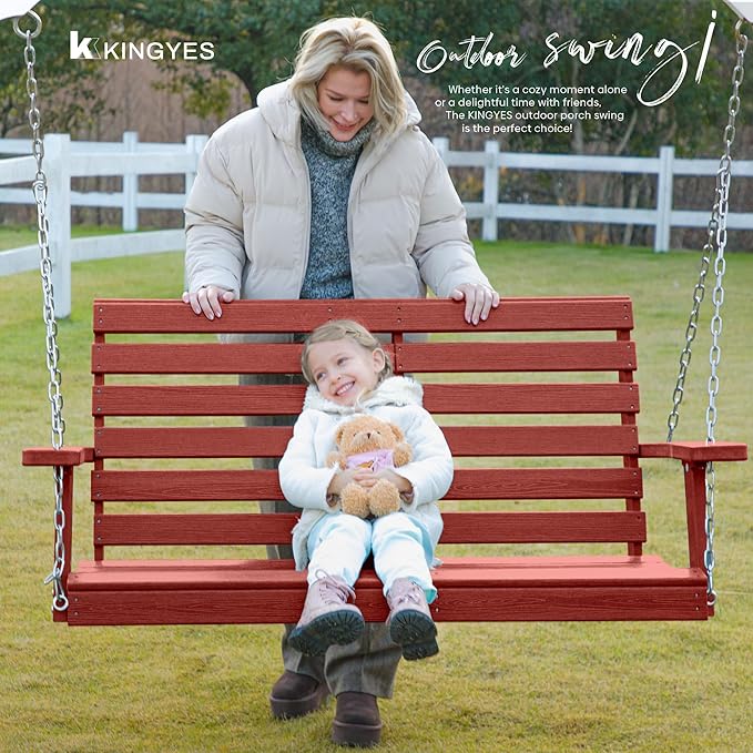 KINGYES Outdoor Hanging Patio Swing Chair, 2 Seat with Cup Holders, Waterproof Bench for Courtyard & Garden, 660LBS Weight Capacity, Red