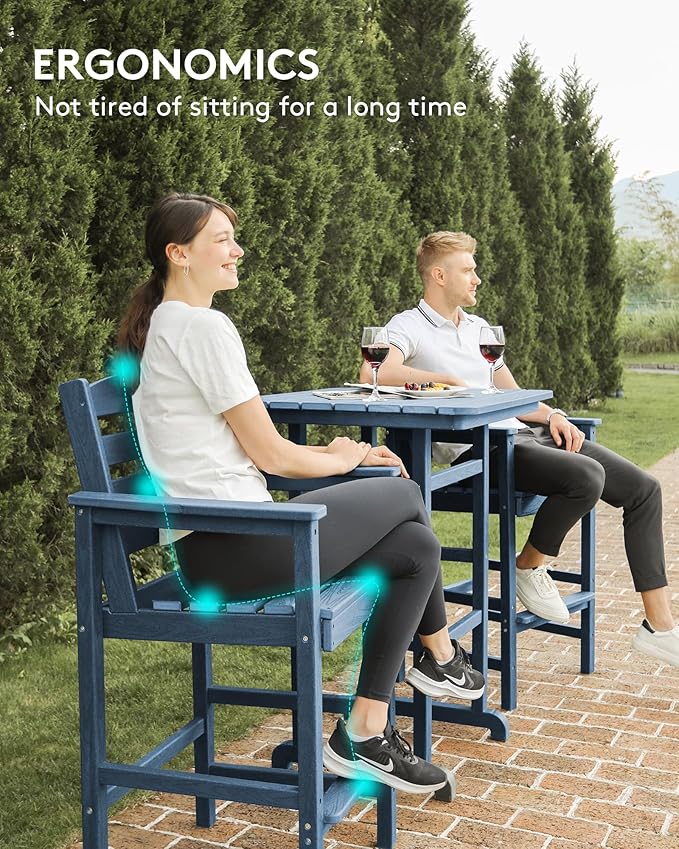 SERWALL Balcony Adirondack Chairs and Table 3 Pieces Set, Adirondack Bar Height Chairs Set of 2 and Bar Table, Outdoor Bar Stools Set for Bistro, Poolside, Backyard, Blue