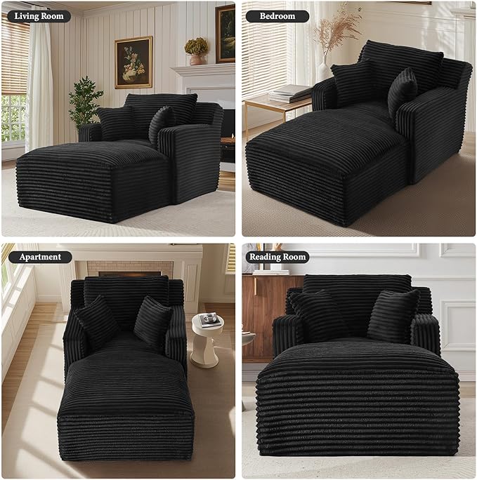 65.4" Chaise Lounge Chair Indoor, Oversized Boneless Couch Comfy Upholstered Sleeper Sofa Bed with 3 Pillows, Corduroy Cloud Reading Chair for Living Room No Assembly Required, Black