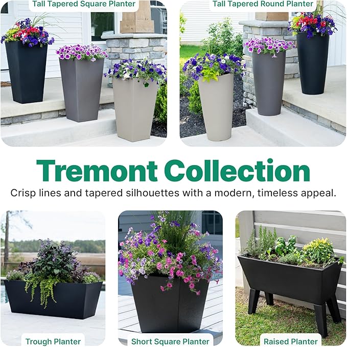 Step2 Tremont Tall Square Tapered Planter, 28", Indoor/Outdoor Plants, Efficient Drainage, Durable Resin, Onyx Black