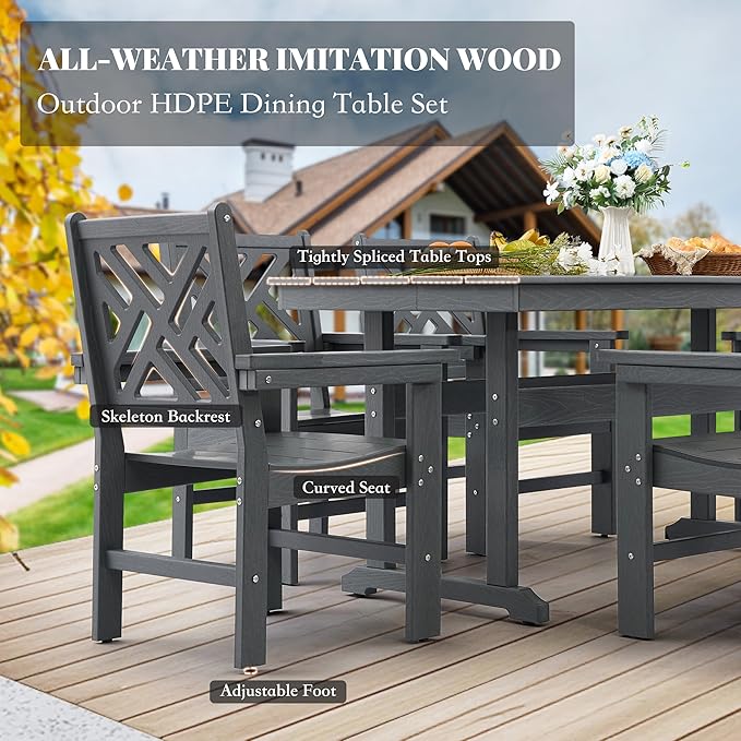 HDPE Dining Table Set for 4,5-Piece Outdoor Table and Chairs Include 4 Dining Chairs and 62.5" Patio Dining Table with Umbrella Hole (Gray)