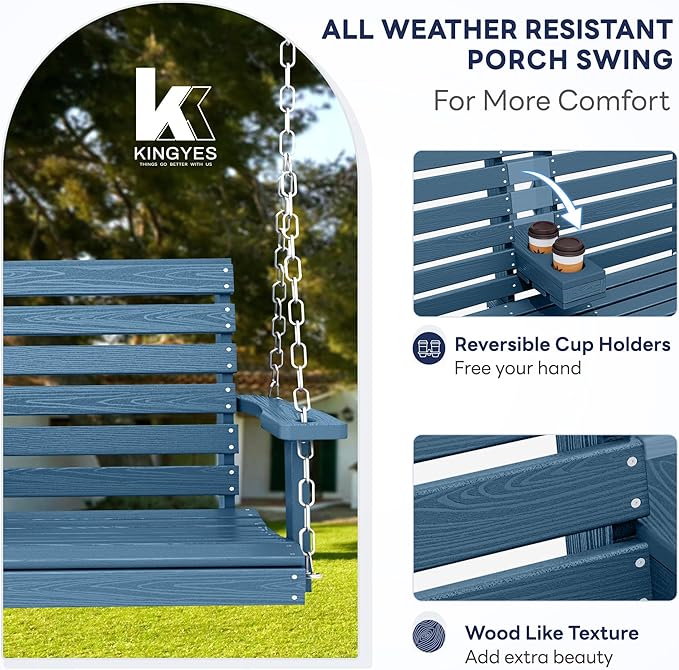 KINGYES Outdoor Hanging Patio Swing Set of 2, 2 Seat Swing Chair with Cup Holders, Waterproof Bench for Courtyard & Garden, 660LBS Weight Capacity, Blue