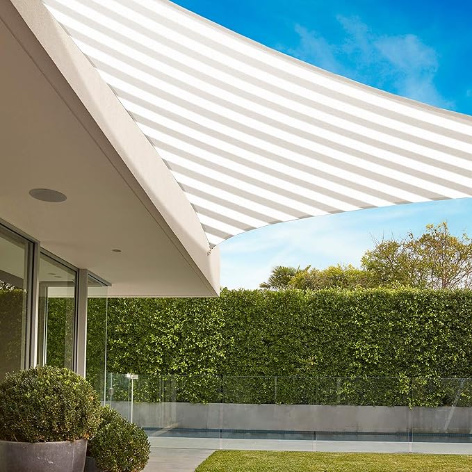E&K Sunrise 17' x 17' x 17' Sun Shade Sail Triangle Canopy Shade Cover UV Block for Patio Backyard Garden Outdoor (Beige White Strip)