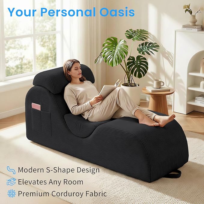 ijuicy 25" Wide Corduroy Yoga Chair, Yoga Lounge Chair for Adults, Chaise Lounge Chair Indoor/Yoga Lounger with Headrest, Waist Cushion, Movable Footrest, Side Pockets, High Density Sponge-Dark Grey