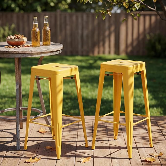 Shahoo 30 Inches Metal Bar Stools Counter Height Stackable Backless Stools, Industrial Patio Stools Indoor Outdoor Metal Kitchen Stools Set of 4 (Yellow, 30'')