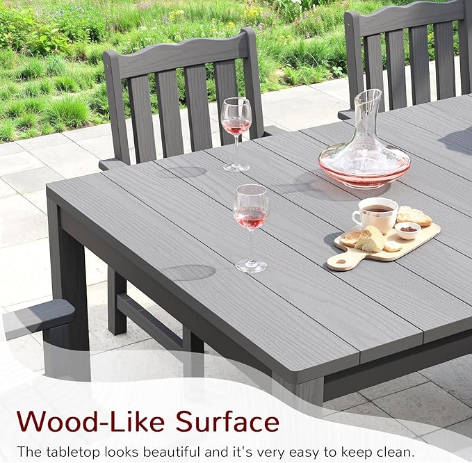 Stoog 6 Pieces Outdoor Patio Dining Set, All-Weather Dining Table and Chairs Set with Bench for 6 People, Outdoor Furniture Set with 2" Umbrella Hole for Garden, Backyard and Lawn, Grey