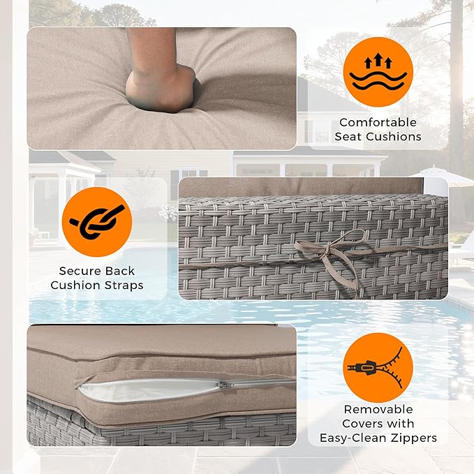 10-Seat Outdoor Wicker Patio Furniture Set with Fire Pit Table, Modular Rattan Sectional Sofa & 2 Swivel Rocking Chairs, 4" Thick Cushions, Rust-Resistant Frame,Beige