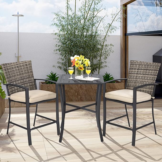 Tangkula 3 Piece Patio Bar Set, Outdoor Bistro Set w/ 27.5" Square Table, 2 Wicker Cushioned Chairs, Ergonomic Armrest & Backrest, All-Weather Rattan Furniture Set for Patio, Backyard, Garden