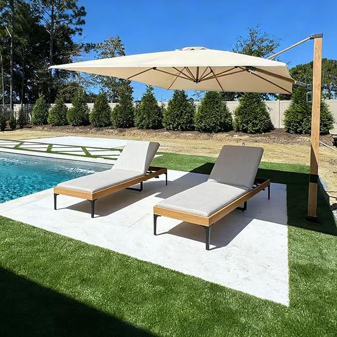PURPLE LEAF 2 Piece Outdoor Chaise Lounge with Umbrella Aluminum Adjustable Patio Lounger Chair with Cushion Reclining Beach Daybed for Poolside Balcony Deck Backyard, Teak