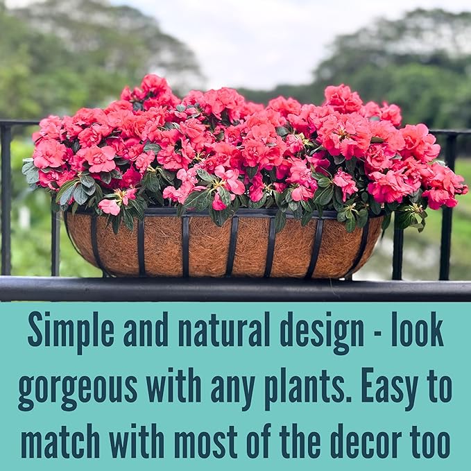 LaLaGreen Railing Planter Boxes (4 Pack, 30 Inch) Black Metal Rectangular Flower Boxes with Coco Liner, Large Hanging Planters for Outdoor Plants Deck Over Rail Fence Balcony Porch Modern Garden Decor