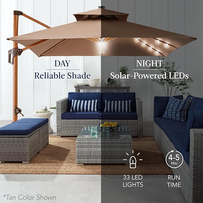 Best Choice Products 10ft Square Cantilever Patio Umbrella w/Base Included, Woodgrain Pattern Pole & Solar LED Lights, 360-Rotation, Offset Hanging Outdoor Shade - Ivory