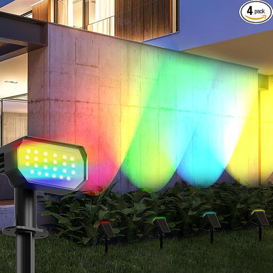 Ensenior Solar Spotlights Outdoor RGB, 7+1 Color Changing Mode Outdoor Landscape Lighting, IP65 Waterproof, Automatic ON/Off Solar Powered Spotlight, Halloween Christmas Decorations (4-Pack)