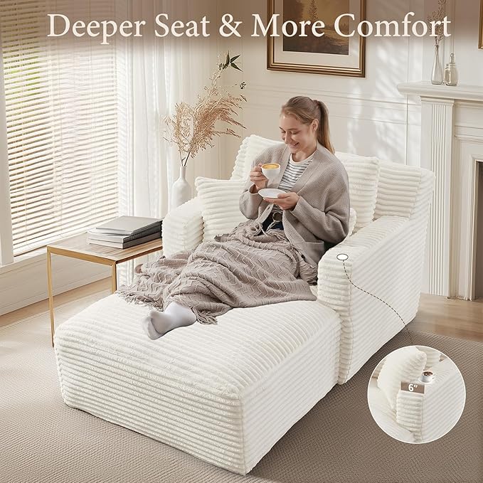 65.4" Chaise Lounge Chair Indoor, Oversized Boneless Couch Comfy Upholstered Sleeper Sofa Bed with 3 Pillows, Corduroy Cloud Reading Chair for Living Room No Assembly Required, White Beige