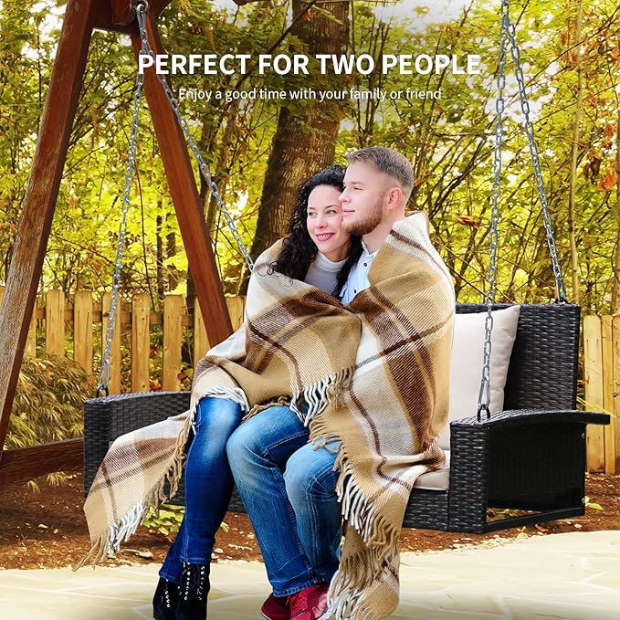 RELAX4LIFE Porch Swing 2-Seat Patio Rattan, Wicker Porch Swings Outdoor W/Two 7.9 Ft Solid Steel Chain, Comfortable Back & Seat Cushions, for Front Porch, Garden, Backyard Patio Swing (Beige)