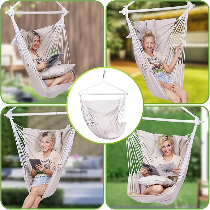 Backyard Expressions Hammock Chair Hanging Rope Swing Chair, 2 Pillows, Anti Slip Steel Spreader Bar