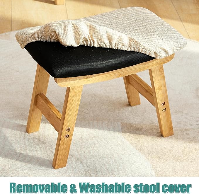 Gray Foot Stools Ottoman, Small Soft Footrest Ottoman with Wood Legs, Wood Foot Stool for Living Room, Bedroom, and Kitchen