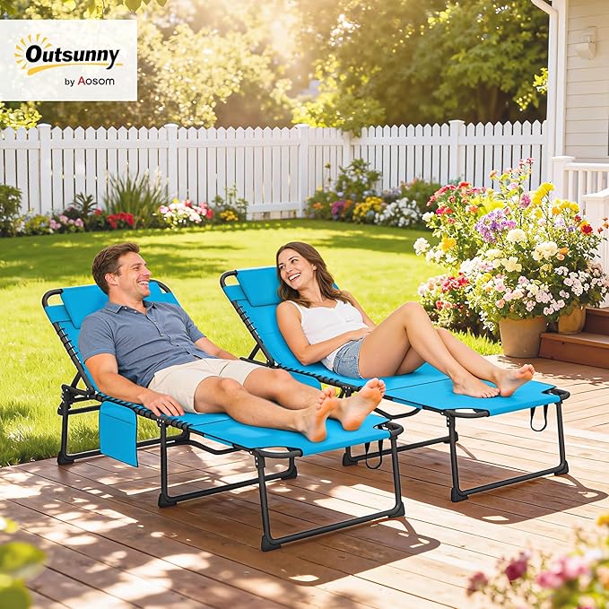 Outsunny 2 Piece Folding Chaise Lounge with 5-Level Reclining Back, Tanning Chair with Face Hole, Outdoor Lounge Chair with Side Pocket & Headrest for Beach, Yard, Patio, Blue