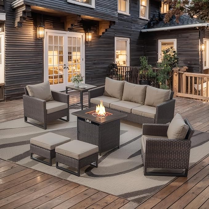 Belord 7 Pieces Patio Furniture Set with 50000BTU Propane Fire Pit Table: Wicker Patio Conversation Set with Outdoor Club Chairs Patio Couch Metal Side Table, All Weather Brown Rattan