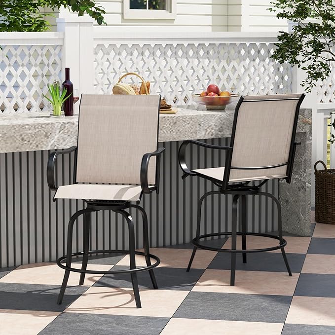 Giantex Set of 4 Swivel Outdoor Bar Stools, All-Weather Bar Height Patio Chairs, 330LBS Capacity, 360 Rotating Outside Bar Chairs with High Back Armrests, for Porch Yard Lawn Garden Pool (Grey)