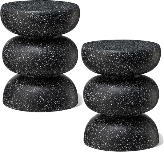 Glitzhome Outdoor Side Table Set of 2, 18" H Decorative Garden Stool MgO Faux Terrazzo End Table, Heavy Duty Indoor Outdoor Round Planter Stand for Living Room Bedroom Patio Deck Poolside,Black