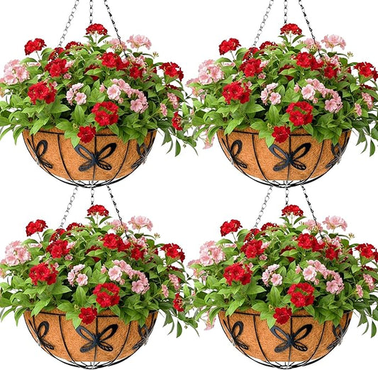 12 inch Metal Hanging Baskets For Plants Outdoor 4 Pack Round Metal Wire Hanging Basket Planter with Coco Fiber Liners Chain Round Wire Plant Holder for Garden, Patio, Deck, Porch Plants Flower Potss