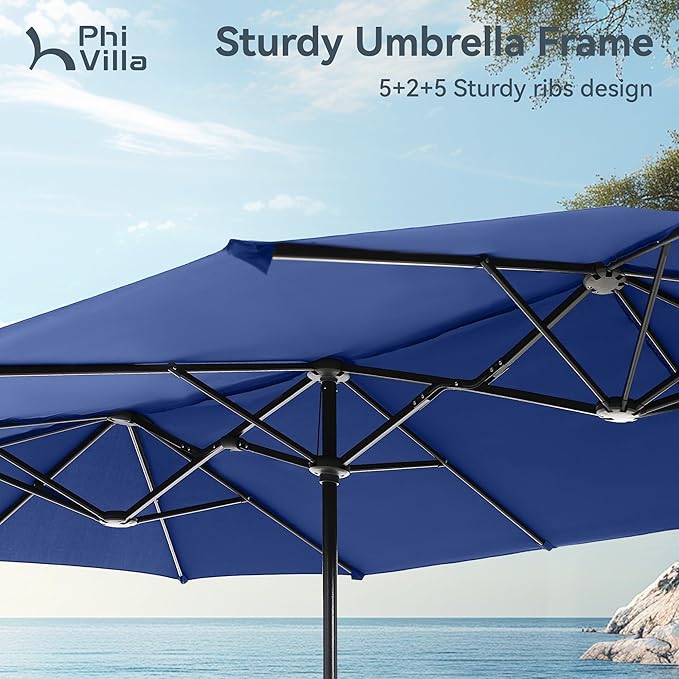 PHI VILLA Outdoor Patio Dining Set with Haze Blue Umbrella for 6 Person, Outdoor Swivel Dining Chairs & 1 Large Wooden-Like Top Table with 13ft Outdoor Umbrella(No Base) for Deck Lawn Garden Backyard
