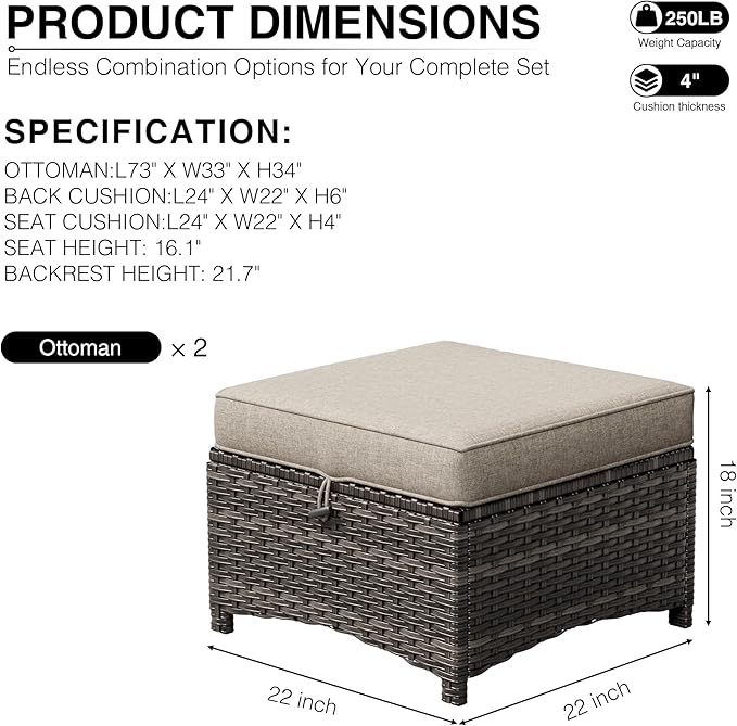 Joyside Outdoor Ottoman Set of 2, Patio Large Ottoman Foot Rest with Thickened Cushions, Outdoor Wicker Foot Stool for Porch, Deck Use