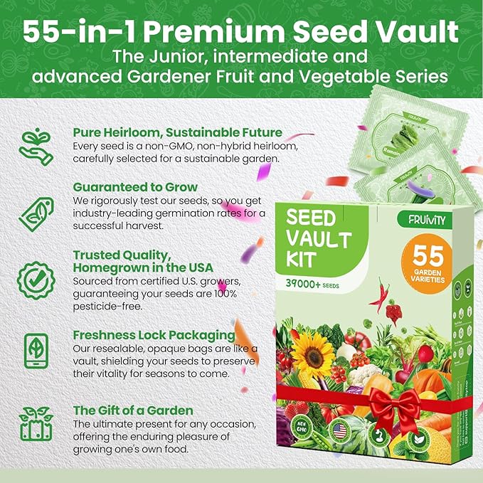 55 Vegetable Seeds Variety Pack - 39,000+ Heirloom Seeds for Planting Vegetables and Fruits, Non-GMO Garden Seeds for Outdoor Planting Gift for Mother, Women, Mom, Friend (55 PCS Vegetable Seeds)