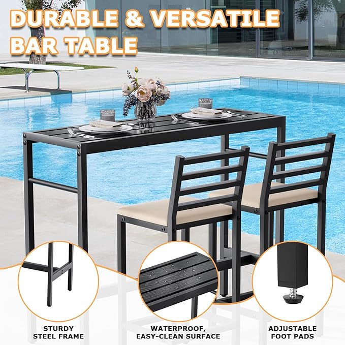 3 Piece Outdoor Patio Bar Set, 50" Rectangular Counter Height High Top Bar Table Patio Bar Set, 2 Cushioned 41" Bar Stools Modern Metal Outdoor Bar Set for Poolside, Balcony, Backyard, Porch