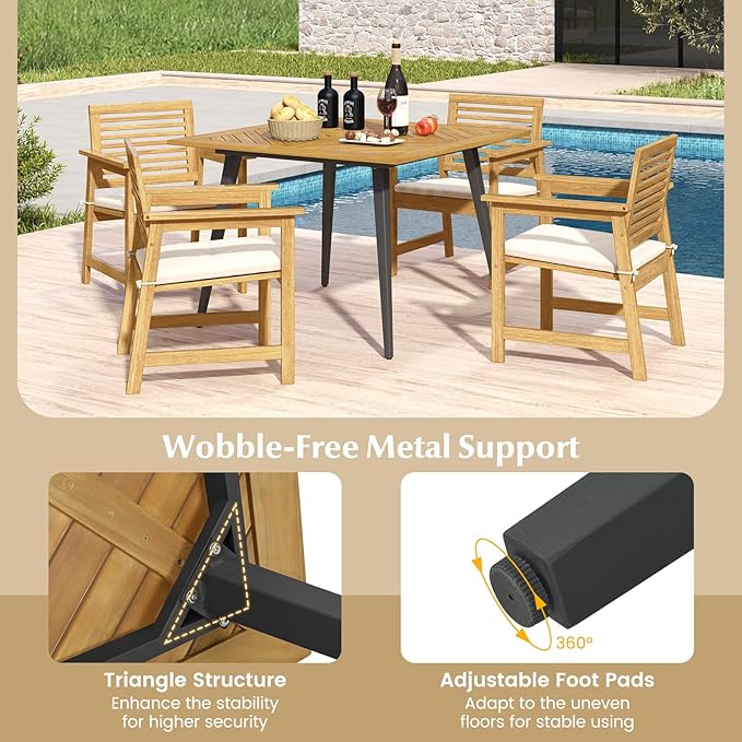 Tangkula 42.5" Acacia Wood Outdoor Dining Table for 4, Patio Table with 1.9" Umbrella Hole, Metal Legs & Adjustable Foot Pads, 4-Person Outside Table for Garden, Poolside & Backyard