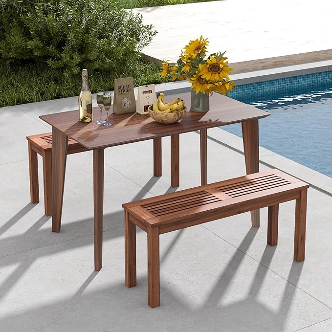 Tangkula Patio Wood Bench, 2-Person Solid Wood Bench with Slatted Seat, 39.5” Long Loveseat with Stable Wood Frame, Indoor Outdoor Dining Bench for Backyard, Poolside, Entryway (2)