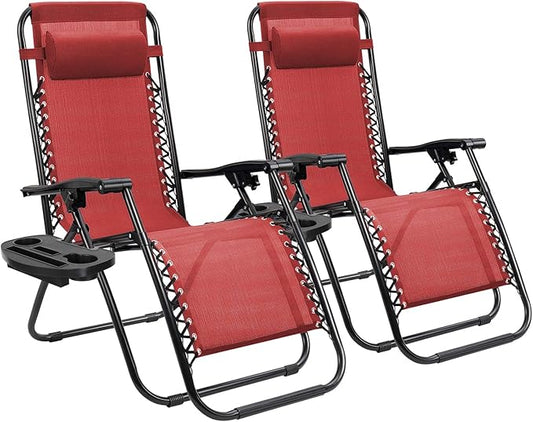 Homall Zero Gravity Patio Folding Lawn Reclining Lounge Chairs Outdoor Gravity Camp Chairs with Cup Holder Pillows for Poolside Backyard and Beach Set of 2 (Red)