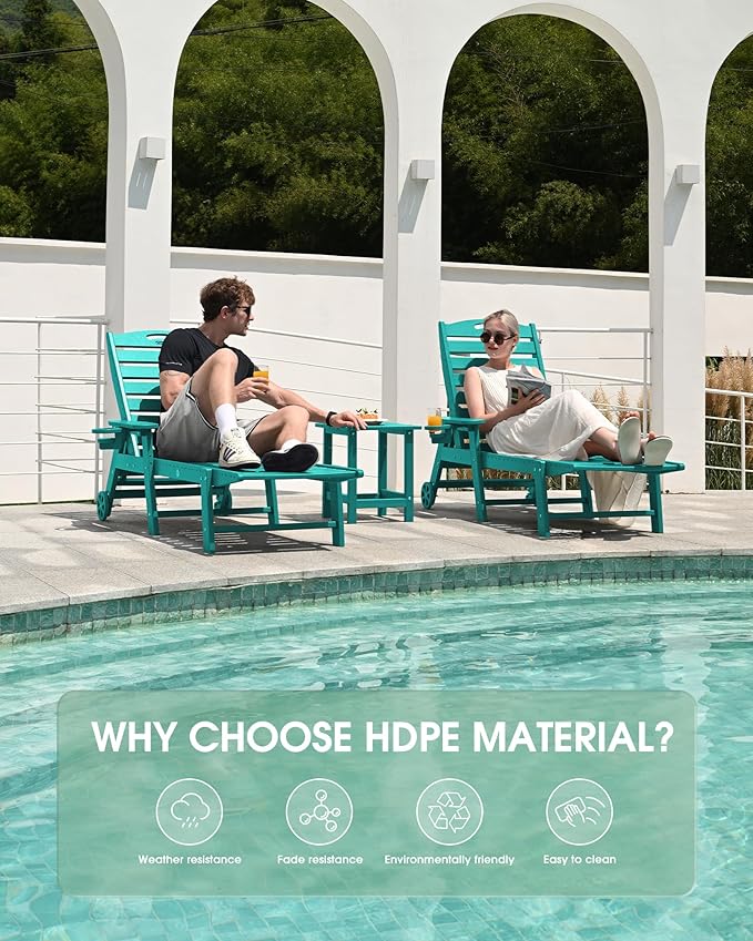 Chaise Lounge Outdoor, Lounge Chair Outdoor with Wood Texture, Adjustable 5-Position Backrest, HDPE Lounge Chair with Wheels & Cup Holder for Pool Deck Backyard,Lake Blue