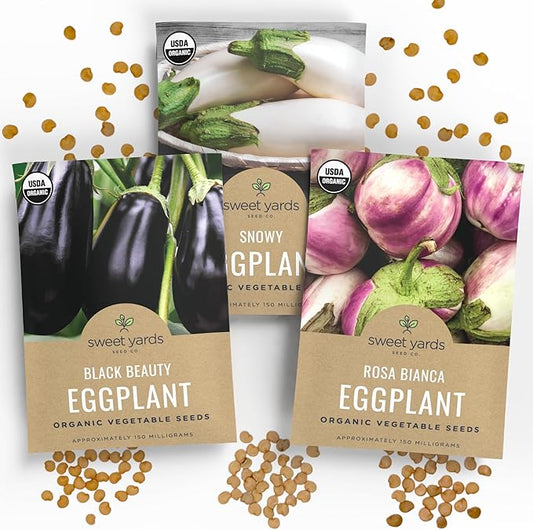 Organic Eggplant Seeds Variety Pack - 3 Individual Packs - 2026 Season - Black Beauty, Rosa Bianca and Snowy Eggplant! for Indoor & Outdoor Planting (Non-GMO, Certified Organic)